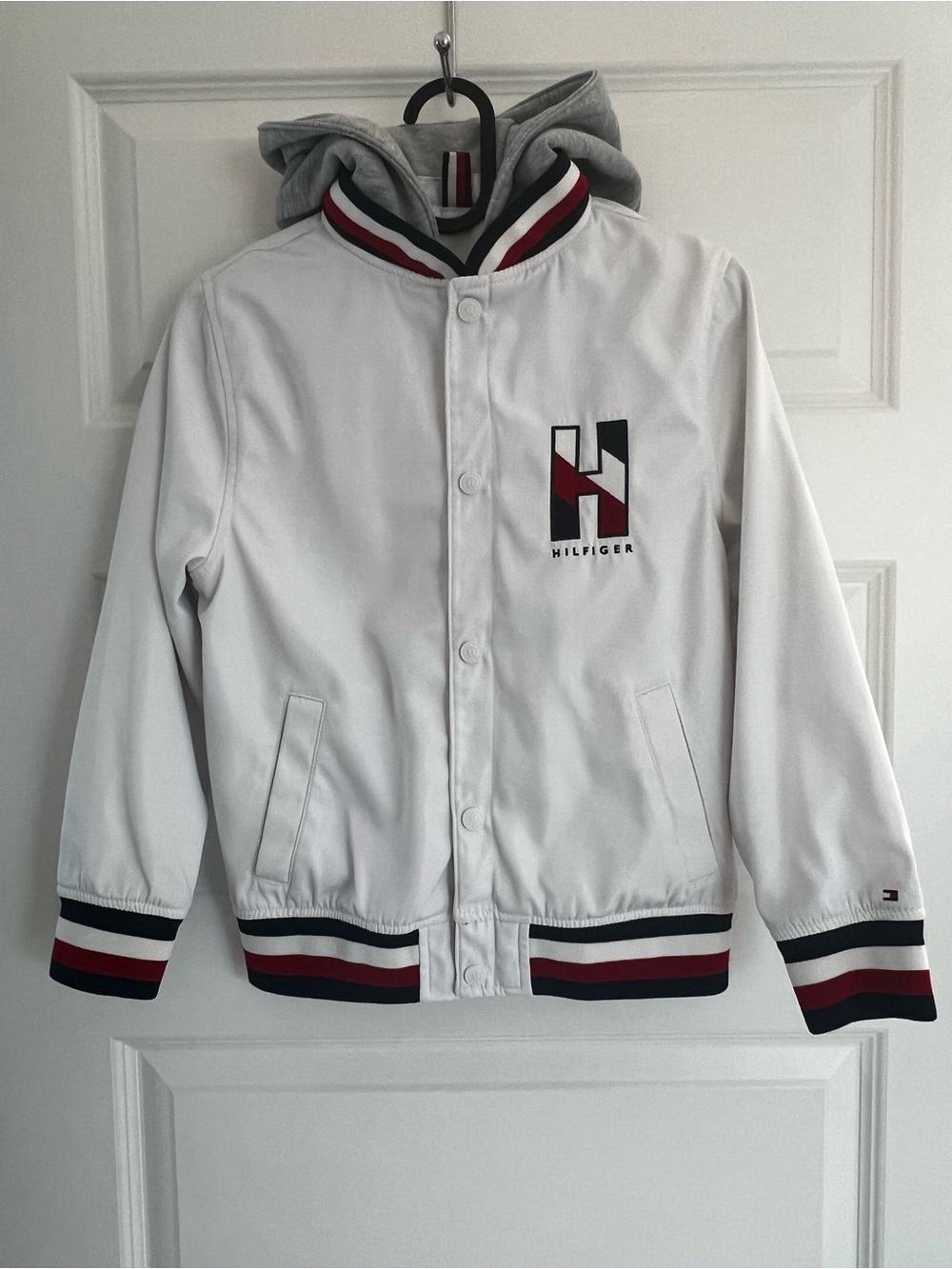 Tommy Hilfiger Kids Bomber Jacket Size S 8/10 White Varsity Detachable Hood